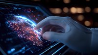 Futuristic holographic Earth projection with glowing city lights and human hand reaching towards digital globe interface against dark background with bokeh effect.