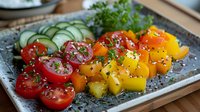 Fresh colorful tomatoes and sliced cucumbers garnished with herbs and seeds on gray ceramic plate, healthy vegetarian appetizer served on wooden tray.