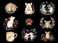 Cute rat mouse animal sticker collection isolated on transparent background, ready for t-shirt design, clipart, print-on-demand products, sublimation, and digital crafts.