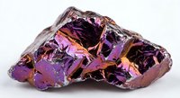 Purple iridescent mineral crystal specimen with metallic rainbow reflections isolated on white background for geology education and collection display.