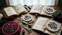 Traditional folk embroidery hoops with colorful floral patterns, vintage books, scissors and threads on wooden table for handicraft projects.