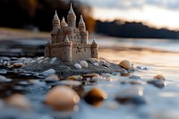 Detailed sandcastle on rocky beach shore during golden sunset, surrounded by smooth pebbles and gentle waves, creating magical summer atmosphere.