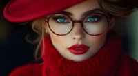 Young woman with bright blue eyes wearing red beret, turtleneck sweater and vintage glasses frames. Close up portrait with dramatic lighting and bold red lipstick.