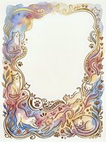 Watercolor cat frame border with ornate swirls and paw prints on white background for pet-themed designs and invitations.