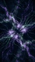 Abstract digital particle explosion with purple and green energy streams radiating outward creating dynamic motion effect for futuristic technology designs.