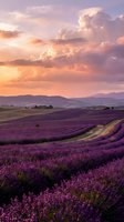 Lavender field rows stretching toward mountains under dramatic sunset sky with purple and orange clouds creating romantic countryside atmosphere.