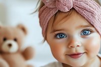 Close up portrait of smiling Caucasian baby girl with bright blue eyes wearing pink knit headband, soft teddy bear toy in background, gentle natural lighting.