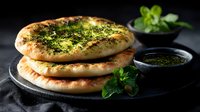 Fresh baked naan bread with herbs and garlic butter on black stone plate, aromatic green sauce and mint leaves against dark background.