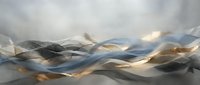 Abstract flowing waves in soft gray, blue and gold tones creating elegant motion blur effect for modern design projects and contemporary artwork backgrounds.