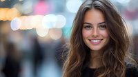 Young woman with radiant smile and long brown hair wearing black sweater against blurred bokeh city lights background, natural makeup look and casual style.