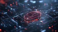Futuristic red glowing car hologram on circuit board background with digital elements and bokeh lights, representing automotive technology advancement.