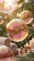 Floating soap bubbles with rainbow reflections over spa setting with towels, candles and palm leaves in warm golden sunlight for relaxation and wellness concepts.