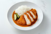 Crispy breaded pork cutlet served with steamed rice and curry sauce, garnished with fresh cucumber slice on white plate against marble background.