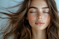 Young Asian woman with closed eyes and flowing brown hair against light background, expressing serenity and peace. Natural makeup and glowing skin showcase beauty and wellness.