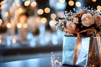 Elegant silver gift box decorated with pink roses and baby's breath on shimmering surface with soft bokeh lights creating romantic festive atmosphere.