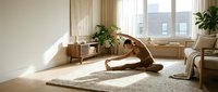 Woman with long reddish-brown hair, Caucasian ethnicity, performing a forward fold yoga stretch in a bright, minimalist living room with natural light, wooden furniture, and potted plants.