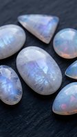 Collection of polished rainbow moonstone gemstones displaying iridescent blue and pink flashes on dark textured surface for jewelry making and crystal healing.