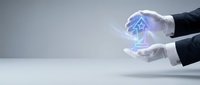 Business hands protecting glowing blue house icon representing real estate security, property insurance and home protection services concept.