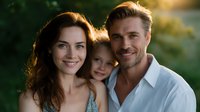 Happy family portrait outdoors with parents and young daughter smiling at sunset, natural backlit scene with soft bokeh background and warm lighting.