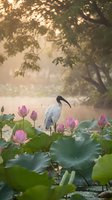 Sacred ibis bird standing among blooming pink lotus flowers in serene pond with soft morning light filtering through trees creating peaceful nature scene.