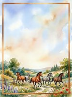 Watercolor illustration of five horses running through a rural landscape with wildflowers, rolling hills, and wooden fence frame, suitable for farm and equestrian designs.