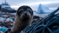Curious seal pup with large dark eyes peering at camera in Antarctic environment, icebergs and vessel in blurred background, close-up wildlife portrait in natural habitat.