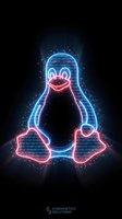 Glowing neon Linux penguin mascot with binary code overlay on dark background for cybersecurity and open source technology concepts.