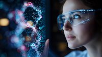 Young woman in protective eyewear examining glowing holographic DNA structure with particles and bokeh lights in dark laboratory setting for science research.