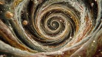 Cosmic spiral vortex in brown and gold tones with swirling particles and dust creating mesmerizing galaxy effect against dark background, abstract space art.