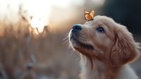 Golden retriever puppy with butterfly perched on head, looking upward in warm sunlight. Gentle, curious expression captures wonder and innocence. Soft-focus nature background creates serene, peaceful mood.