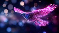 Glowing dove silhouette with luminous pink wings spreads against dark background with bokeh lights, representing peace, freedom and digital transformation in modern art.