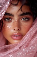 Close up portrait with glowing skin and water drops, framed by pink sparkly fabric. Dark curly hair and defined brows create striking contrast against dewy complexion.