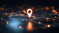 Glowing location pin marker on digital network map with orange bokeh lights and blue technology background, representing global positioning system.