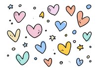 Cute pastel hearts and stars pattern in doodle style with pink, blue, yellow, and mint colors on white background, seamless design for valentines cards and romantic projects.