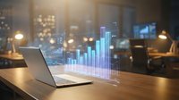 Business analytics hologram displaying financial charts and graphs emerging from laptop computer on modern office desk for data visualization and reporting.