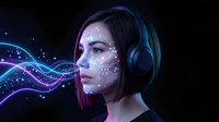 Young Asian woman with headphones surrounded by glowing digital waves and particles representing AI technology, virtual reality and futuristic communication.