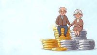 Senior couple sitting on stacks of coins representing retirement savings and financial planning for elderly people on light blue background.