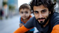 Middle Eastern man with beard wearing orange and black casual clothing smiling at camera while young child plays in background, expressing joy and family bonding in outdoor setting.