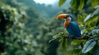 Vibrant knobbed hornbill perched on tropical foliage branch against blurred rainforest background, showcasing distinctive orange beak and blue plumage in natural habitat.