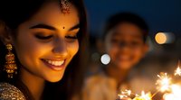 Young South Asian woman in traditional attire smiling warmly while holding sparklers during Diwali festival celebration at night, with soft bokeh lights creating magical atmosphere.