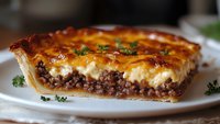 Savory meat pie with ground beef filling and creamy potato topping garnished with fresh herbs, served on white plate, close up view of layered texture.
