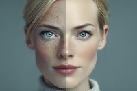 Young blonde woman face split showing freckled and clear skin comparison for skincare treatment before after concept.