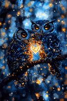 Mystical owl couple sharing glowing heart light against starry night sky with magical bokeh effects in deep blue and gold tones, romantic wildlife art.