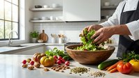 Professional chef preparing fresh mixed greens salad in modern kitchen with organic vegetables and herbs for healthy cooking and meal preparation.