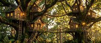 Enchanting treehouse village with wooden cabins connected by bridges and ladders among lush green trees, illuminated by warm golden lights for fantasy adventure.