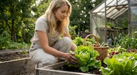 Young blonde woman gardener harvesting fresh lettuce in organic vegetable garden with greenhouse background for sustainable living and homegrown food production.