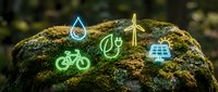 Neon eco-friendly icons glowing on moss-covered rock symbolizing sustainable energy, water conservation, cycling and renewable power for environmental awareness campaigns.