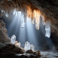 Dramatic ice cave interior with hanging icicles and sunlight beams streaming through opening creating mystical atmosphere for adventure travel content.