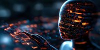 Futuristic digital human head with glowing orange circuit patterns against dark background, representing artificial intelligence and advanced technology.