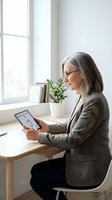 Mature businesswoman with gray hair using tablet computer at modern office desk near window, professional workplace setting for remote work and digital business.